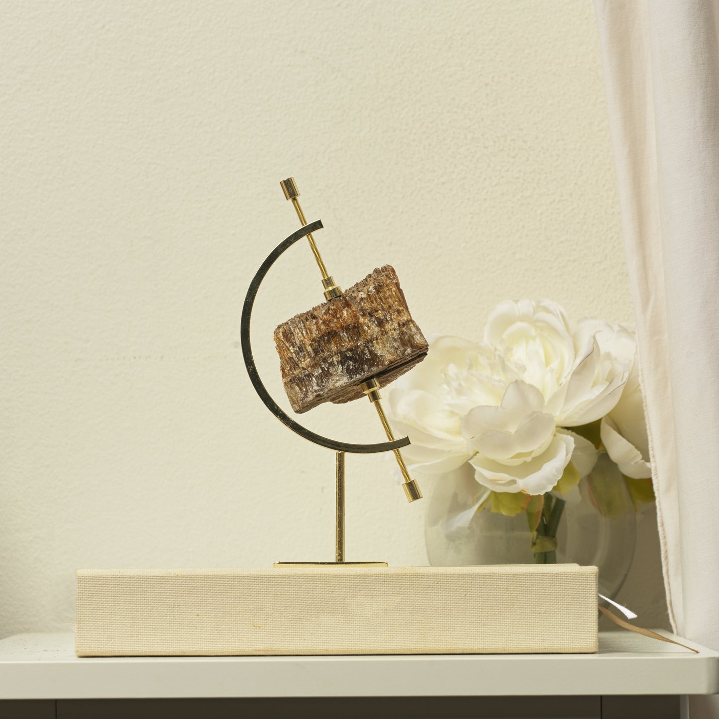 Amber Calcite Specimen Objet with Gold Coloured Caliper Stand 