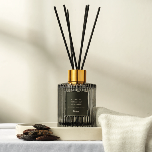 Black natural oil diffuser with black sticks on a neutral background