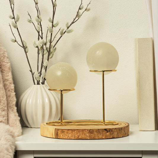Genuine gemstone objets on metallic stand.
