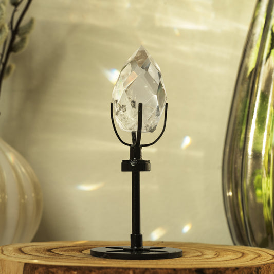 Hand Carved Faceted Quartz Objet with Black Display Stand (13cm).