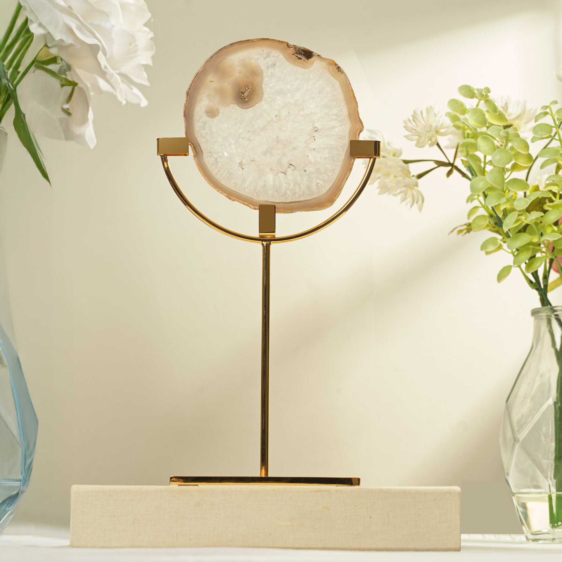Natural Agate Slice Objet with Gold Coloured Display Stand